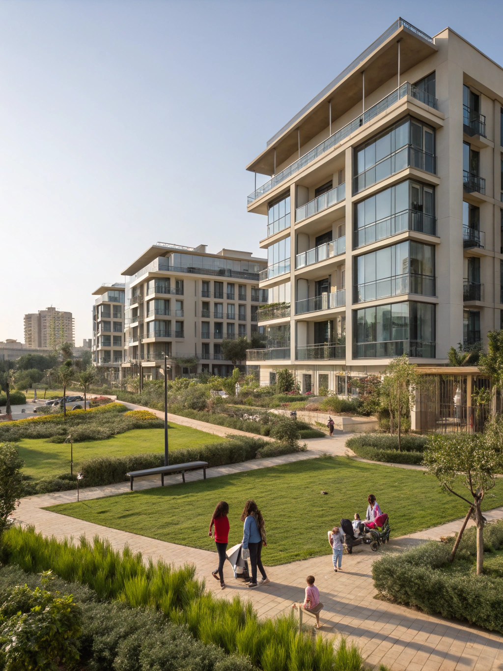 Modern residential architecture in New Cairo with lush landscaping at dusk