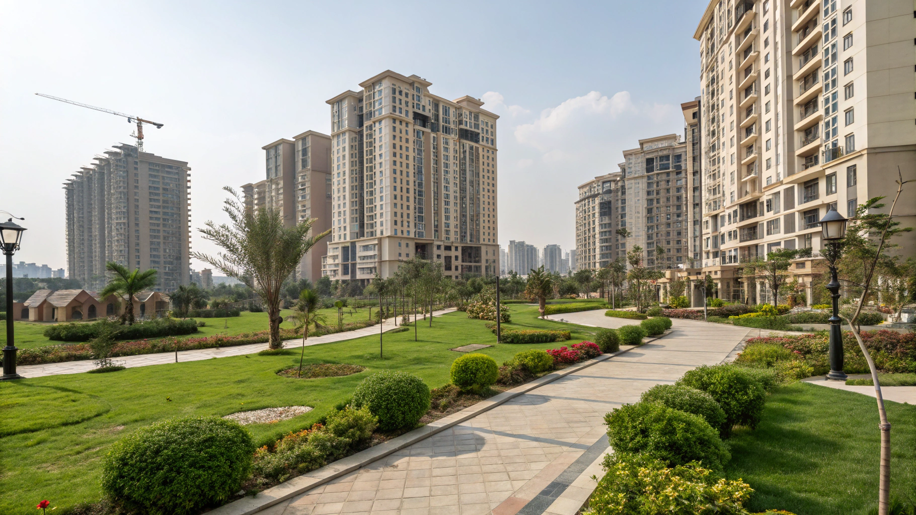 Modern luxury residential compound in New Cairo with lush landscaping and contemporary architecture